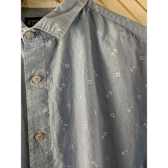ZARA MAN Men's Anchor Print Pattern Slim Fit Button Up Long Sleeve Size XL - Picture 5 of 8